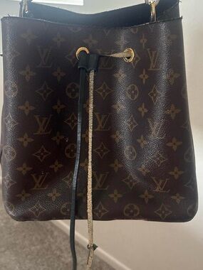 Authentic Louis Vuitton Brown Monogram Bucket Shoulder Bag with Drawstring
